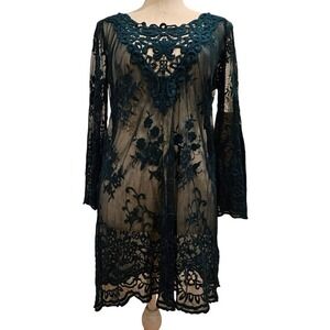 Lace Dress Fairycore Bell‎ Sheer Floral Boho Tunic Dark Green Fairy